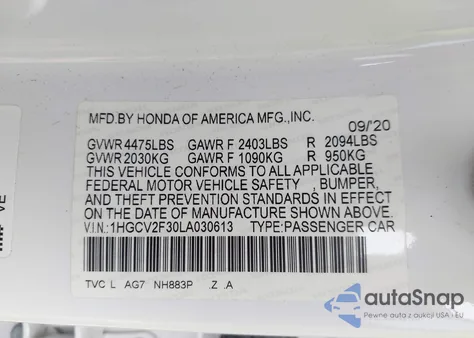 2020 Honda Accord Sport 2.0T из США, поврежденный, VIN 1HGCV2F30LA030613